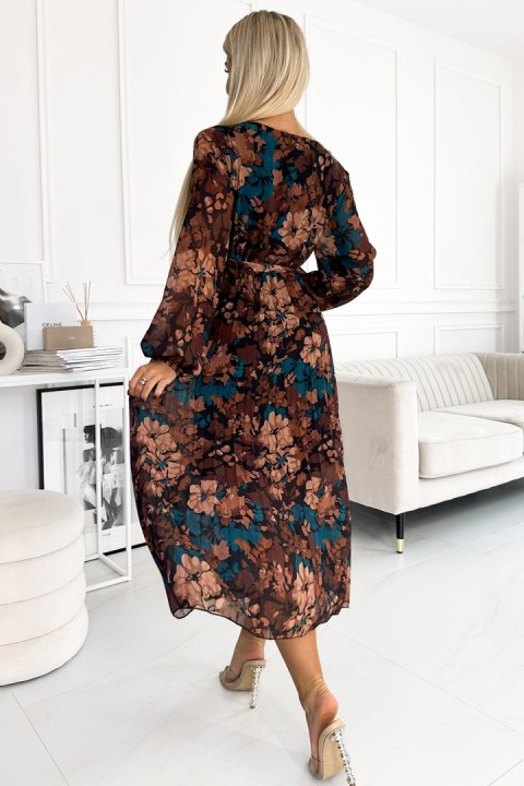 Sukienka Model 519-2 Brown/Blue Flowers - Numoco Numoco Sukienka Model 519-2 Brown/Blue Flowers - Numoco Numoco