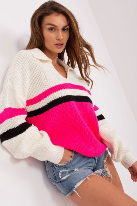 Sweter Damski Model BA-SW-8054.91P Ecru/Fluo Pink - Badu Badu Sweter Damski Model BA-SW-8054.91P Ecru/Fluo Pink - Badu Badu