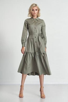 Sukienka Bawełniana rozkloszowana sukienka z falbanami i kołnierzykiem 2097 Olive - Marselini Marselini