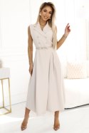 596-1 Elegancka szmizjerka midi ze złotymi guzikami i paskiem - BEŻOWA 596-1 Elegancka szmizjerka midi ze złotymi guzikami i paskiem - BEŻOWA