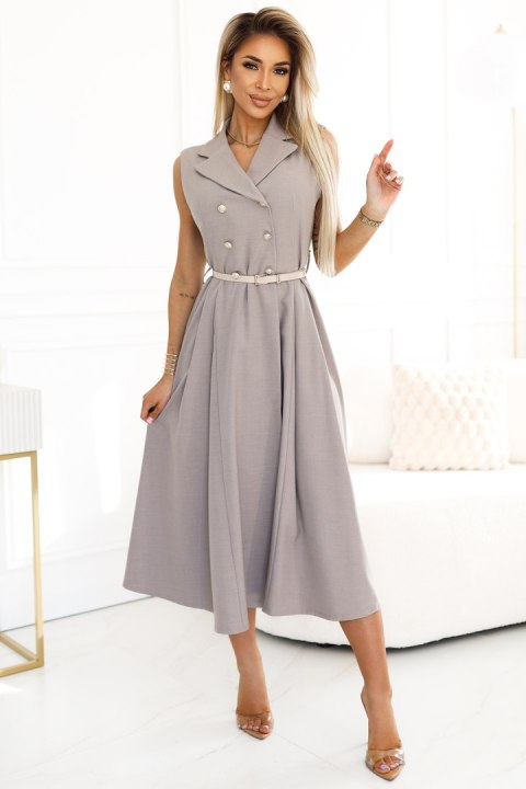 596-2 Elegancka szmizjerka midi ze złotymi guzikami i paskiem - SZARY BEŻ 596-2 Elegancka szmizjerka midi ze złotymi guzikami i paskiem - SZARY BEŻ