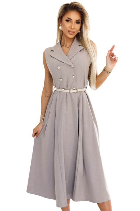 596-2 Elegancka szmizjerka midi ze złotymi guzikami i paskiem - SZARY BEŻ 596-2 Elegancka szmizjerka midi ze złotymi guzikami i paskiem - SZARY BEŻ