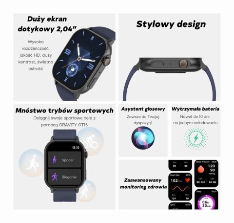 Smartwatch Damski GRAVITY GT15-12 Granatowy Pasek Silikonowy + Czarna Bransoleta Smartwatch Damski GRAVITY GT15-12 Granatowy Pasek Silikonowy + Czarna Bransoleta