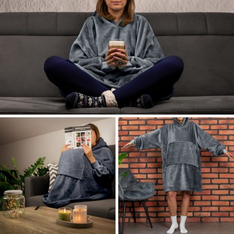 Bluzair Bluza Koc Oversize z Kapturem Polska Szary Bluzair Bluza Koc Oversize z Kapturem Polska Szary